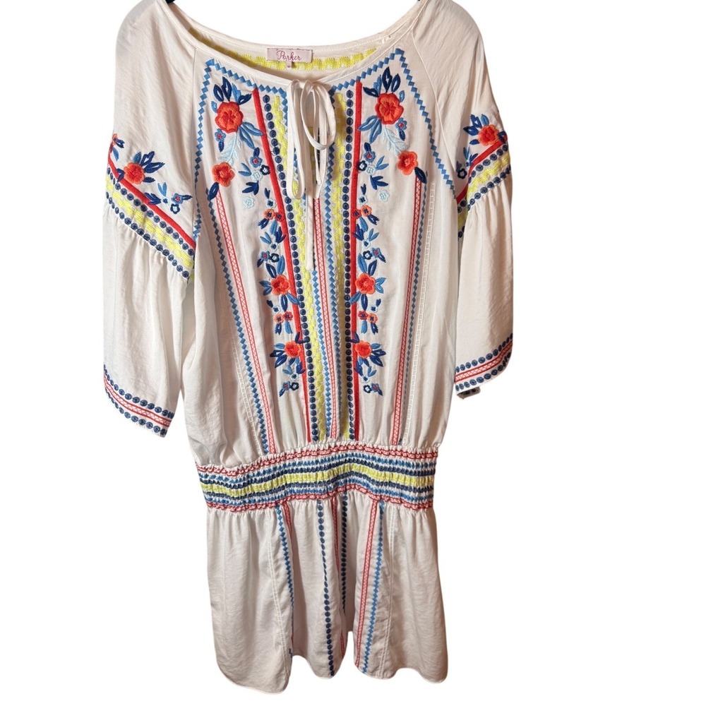 Womens White Floral Embroidered Smocked Mini dress Beach Cruise Resort Boho - Picture 2 of 6